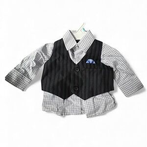 Andrew Fezza Black, White & Blue Checkered Button Down Shirt with Striped Vest